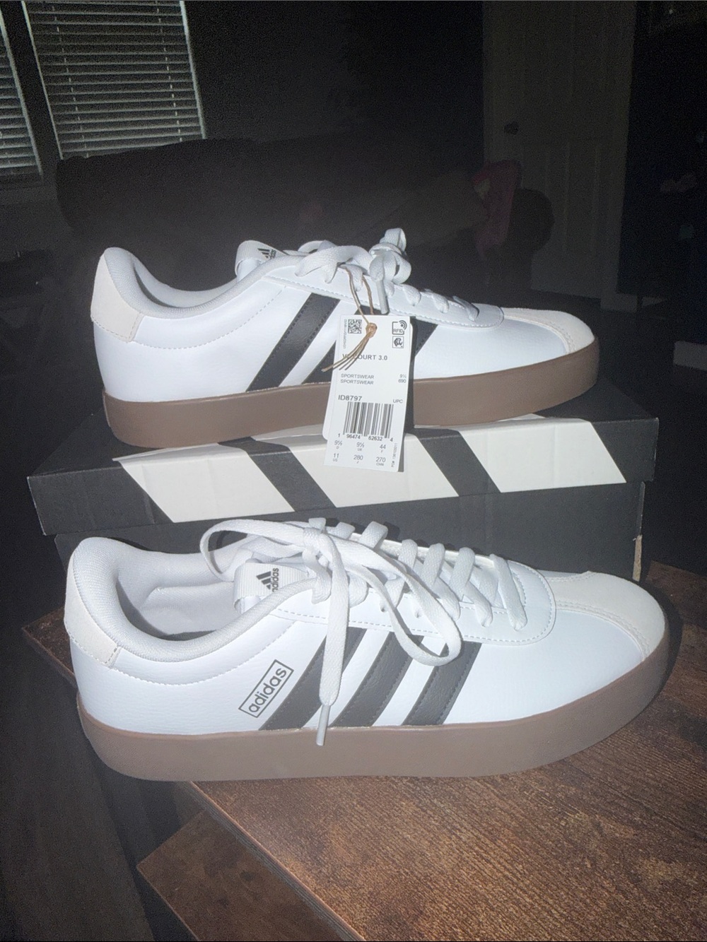 adidas White Sneakers with Black Stripes and Brown Sole
